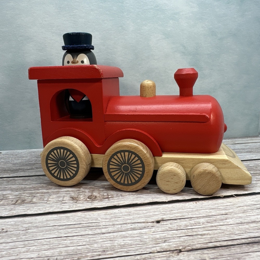 Red Wooden Train And Penguin Conductor Hearth and Hand with Magnolia Set 2